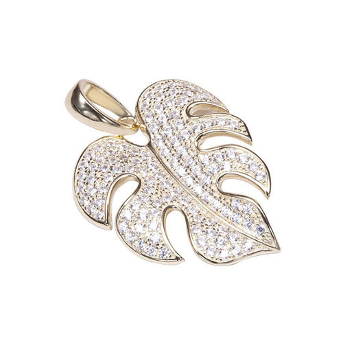 Sterling Silver Yellow Gold Plated Pave Cubic Zirconia Monstera Pendant(Chain Sold Separately)