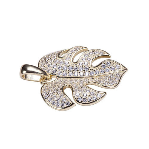 Sterling Silver Yellow Gold Plated Pave Cubic Zirconia Monstera Pendant(Chain Sold Separately)
