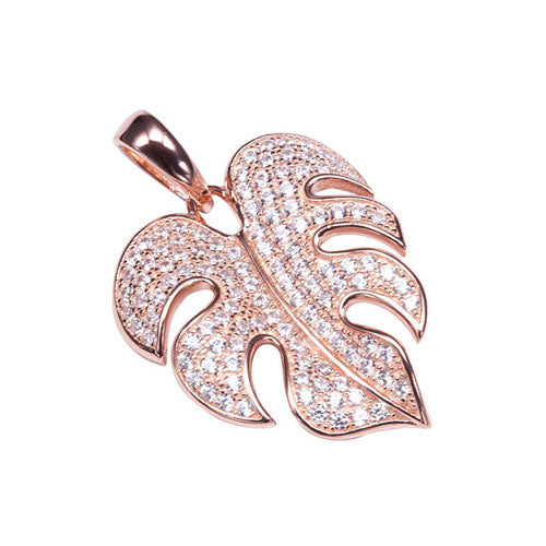 Sterling Silver Pink Gold Plated Pave Cubic Zirconia Monstera Pendant(Chain Sold Separately)