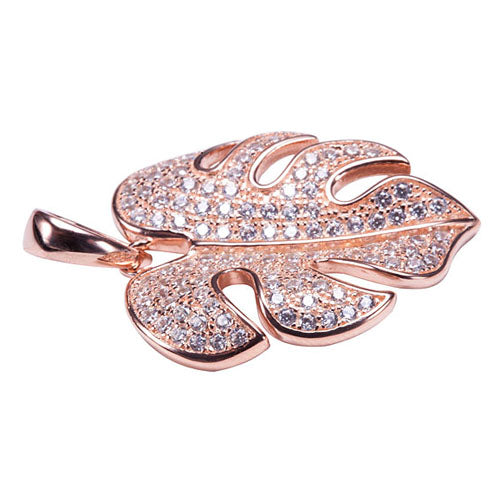 Sterling Silver Pink Gold Plated Pave Cubic Zirconia Monstera Pendant(Chain Sold Separately)