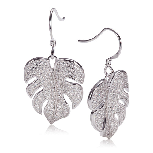 Sterling Silver Pave Cubic Zirconia Monstera Hook Earring