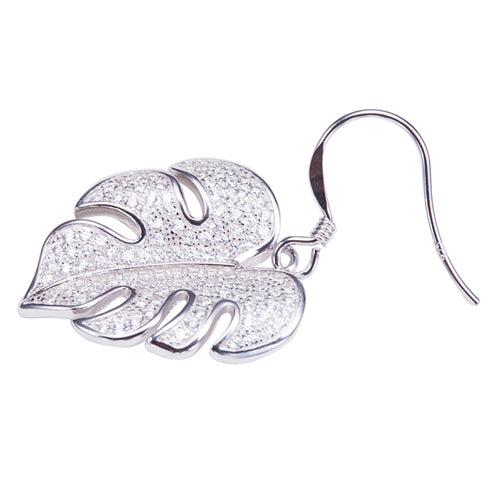 Sterling Silver Pave Cubic Zirconia Monstera Hook Earring