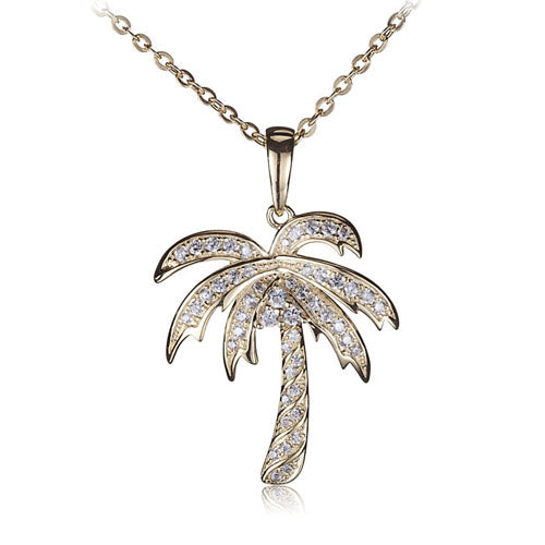 Sterling Silver Yellow Gold Plated Pave Cubic Zirconia Palm Tree Pendant(Chain Sold Separately)