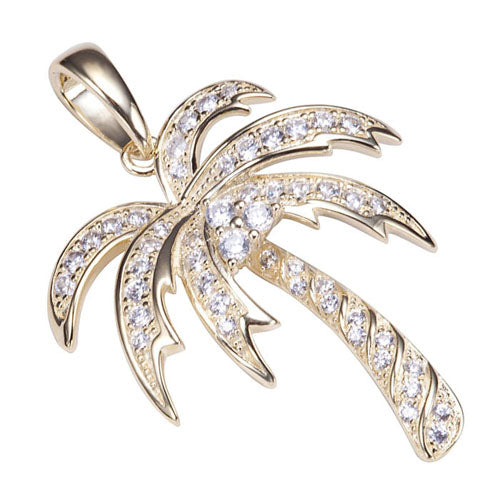 Sterling Silver Yellow Gold Plated Pave Cubic Zirconia Palm Tree Pendant(Chain Sold Separately)