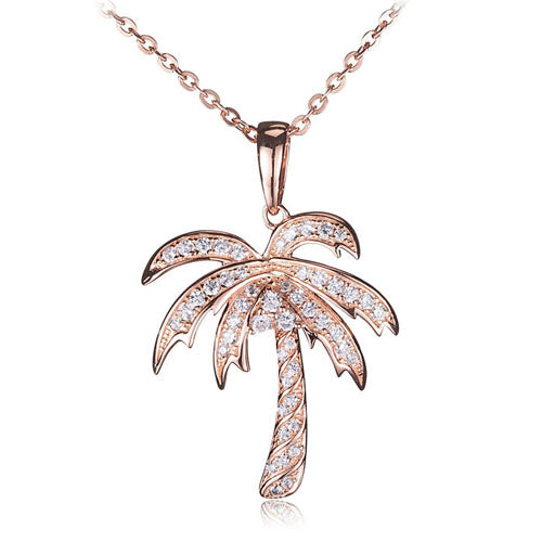 Sterling Silver Pink Gold Plated Pave Cubic Zirconia Palm Tree Pendant(Chain Sold Separately)