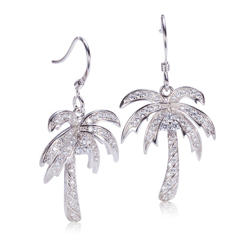 Sterling Silver Pave Cubic Zirconia Palm Tree Hook Earring