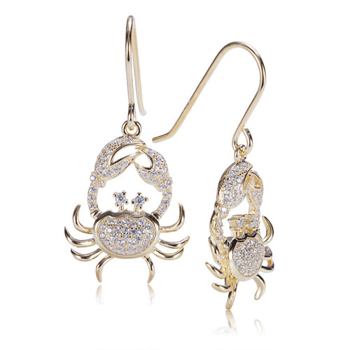 Sterling Silver Yellow Gold Plated Pave Cubic Zirconia Moving Crab Hook Earring