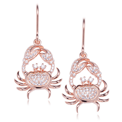Sterling Silver Pink Gold Plated Pave Cubic Zirconia Moving Crab Hook Earring