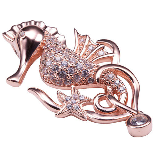 Pink Gold Plated Sterling Silver Pave CZ Seahorse Pendant(Chain Sold Separately)