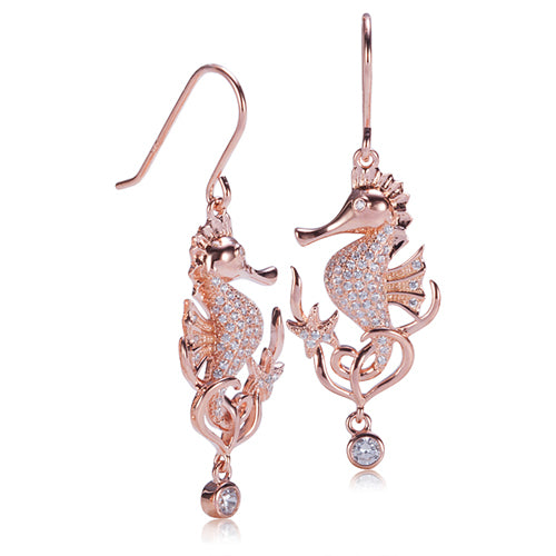 Pink Gold Plated Sterling Silver Pave CZ Seahorse Hook Earring