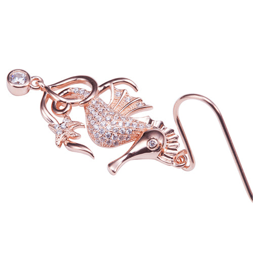Pink Gold Plated Sterling Silver Pave CZ Seahorse Hook Earring