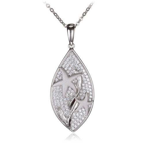 Sterling Silver Pave Cubic Zirconia Star Fish in Leaf Pendant(Chain Sold Separately)