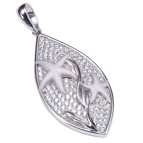 Sterling Silver Pave Cubic Zirconia Star Fish in Leaf Pendant(Chain Sold Separately)