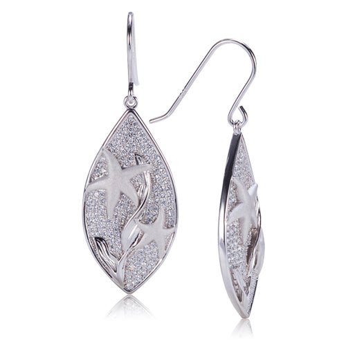 Sterling Silver Pave Cubic Zirconia Star Fish in Leaf Hook Earring