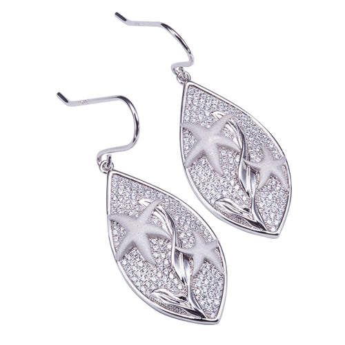Sterling Silver Pave Cubic Zirconia Star Fish in Leaf Hook Earring