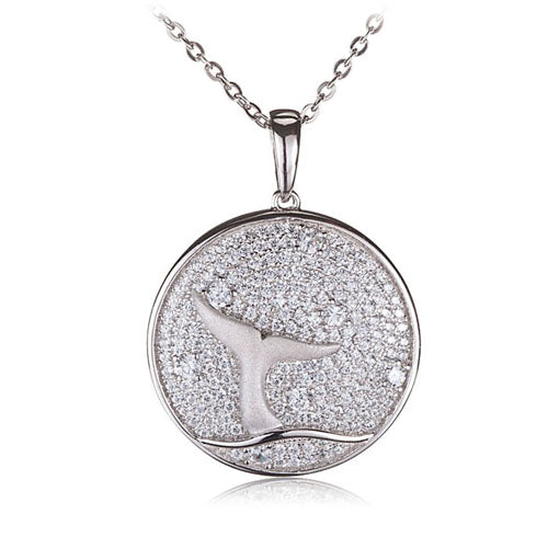 Sterling Silver Pave Cubic Zirconia Whale Tail in Circle Pendant(Chain Sold Separately)