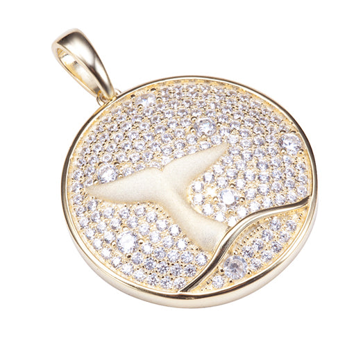 Sterling Silver Yellow Gold Plated Pave Cubic Zirconia Whale Tail in Circle Pendant(Chain Sold Separately)