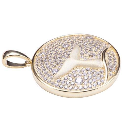 Sterling Silver Yellow Gold Plated Pave Cubic Zirconia Whale Tail in Circle Pendant(Chain Sold Separately)