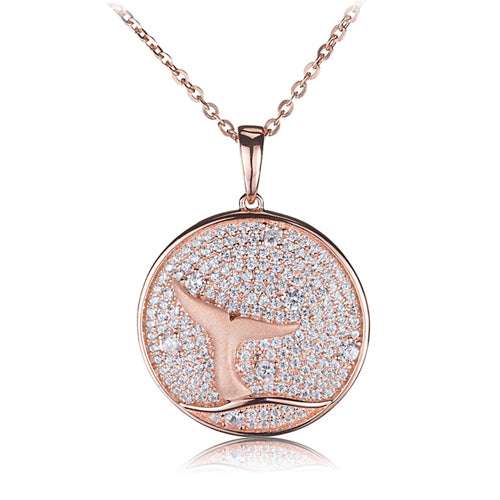Sterling Silver Pink Gold Plated Pave Cubic Zirconia Whale Tail in Circle Pendant(Chain Sold Separately)