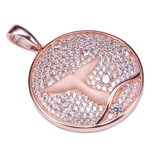 Sterling Silver Pink Gold Plated Pave Cubic Zirconia Whale Tail in Circle Pendant(Chain Sold Separately)