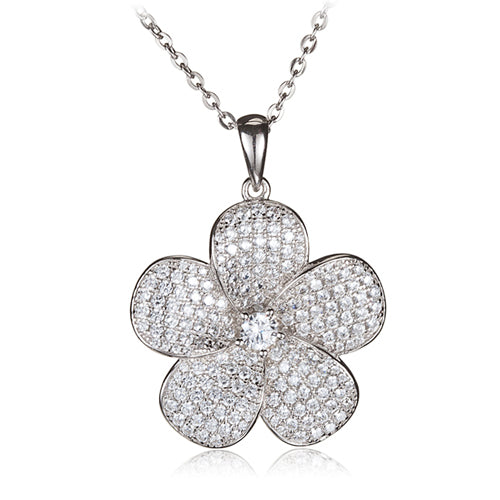 Sterling Silver Pave Cubic Zirconia Plumeria Pendant(Chain Sold Separately)