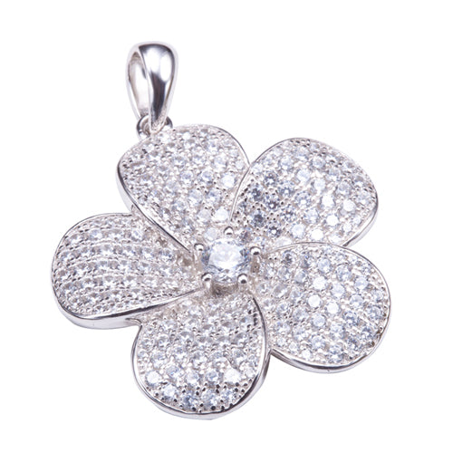 Sterling Silver Pave Cubic Zirconia Plumeria Pendant(Chain Sold Separately)