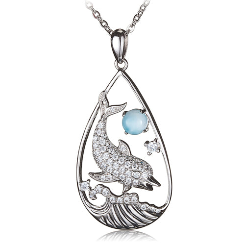 Diving Dolphin with Larimar Bead in Water Drop Shape Pendant(Chain Sold Separately)