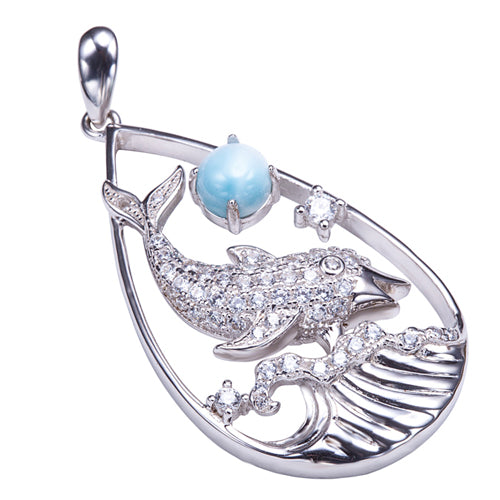 Diving Dolphin with Larimar Bead in Water Drop Shape Pendant(Chain Sold Separately)