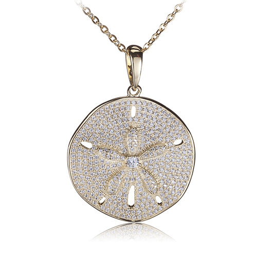 Sand Dollar Star Fish Pave Cubic Zirconia Sterling Silver Pendant Yellow Gold Plated(Chain Sold Separately)