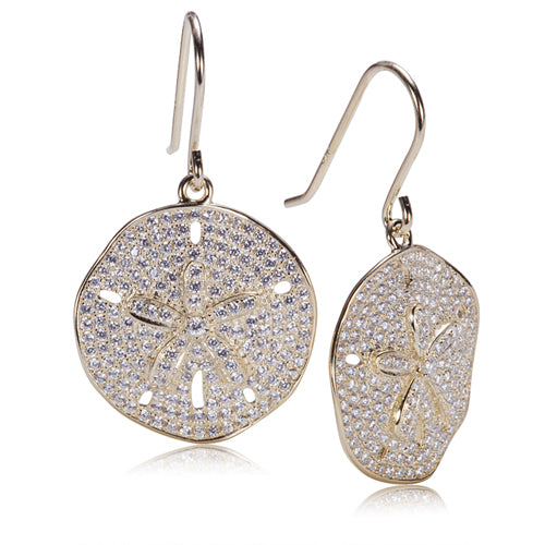 Sand Dollar Star Fish Pave Cubic Zirconia Sterling Silver Hook Earring Yellow Gold Plated