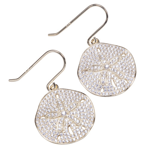 Sand Dollar Star Fish Pave Cubic Zirconia Sterling Silver Hook Earring Yellow Gold Plated