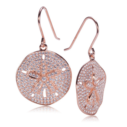Sand Dollar Star Fish Pave Cubic Zirconia Sterling Silver Hook Earring Pink Gold Plated
