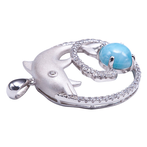 Sterling Silver Diving Dolphin Larimar Bead in Pave CZ Cirle Pendant(Chain Sold Separately)