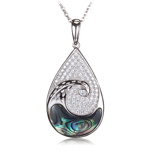 Water Drop Sterling Silver Pendant with Wave Shape Abalone Inlay and Pave Cubic Zirconia(Chain Sold Separately)