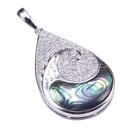 Water Drop Sterling Silver Pendant with Wave Shape Abalone Inlay and Pave Cubic Zirconia(Chain Sold Separately)