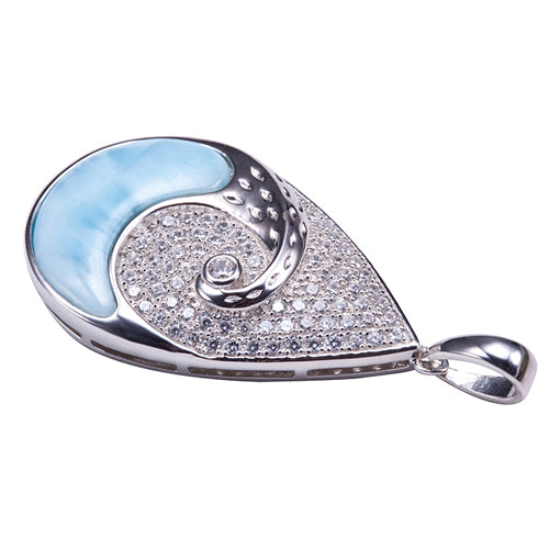 Water Drop Sterling Silver Pendant with Wave Shape Larimar Inlay and Pave Cubic Zirconia(Chain Sold Separately)
