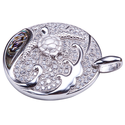 Sterling Silver Pave CZ Circle Pendant with Swimming Sea Turtle and Abalone Inlay Wave(Chain Sold Separately)