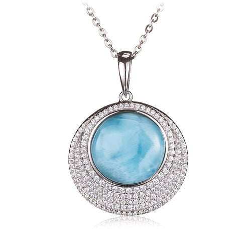 Sterling Silver Pave CZ Larimar Bead Inlay Circle Pendant(Chain Sold Separately)