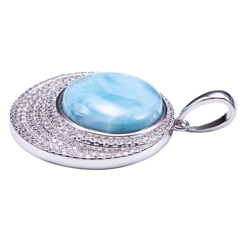 Sterling Silver Pave CZ Larimar Bead Inlay Circle Pendant(Chain Sold Separately)