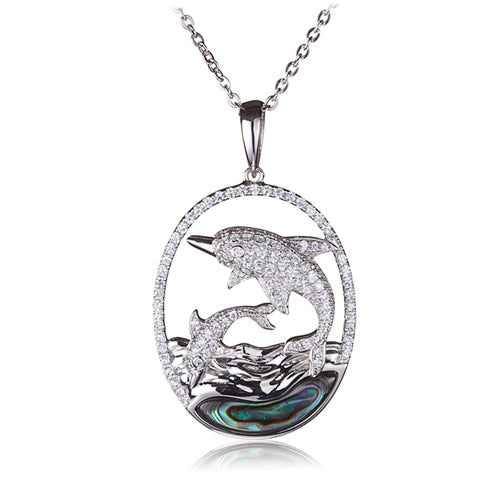 Diving Dolphins Abalone Inlay Wave in Sterling Silver Pave CZ Oval Pendant(Chain Sold Separately)