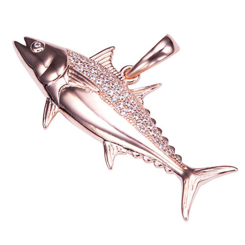 Sterling Silver Pink Gold Plated Pave Cubic Zirconia Tuna Pendant(Chain Sold Separately)