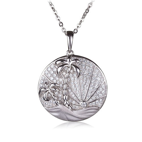 Sterling Silver Pave Cubic Zirconia Circle Island Sunrise Pendant(Chain Sold Separately)