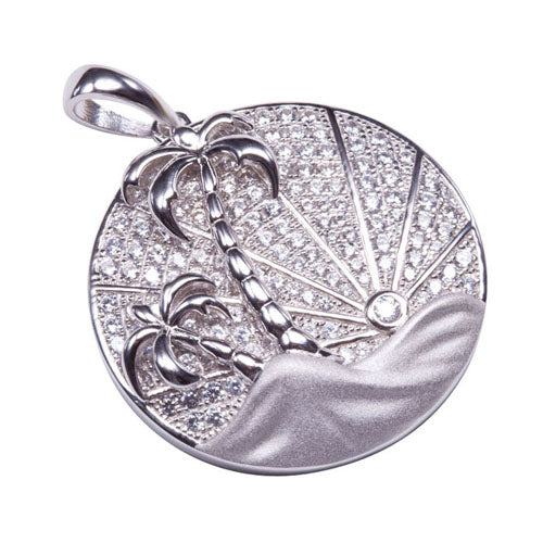 Sterling Silver Pave Cubic Zirconia Circle Island Sunrise Pendant(Chain Sold Separately)