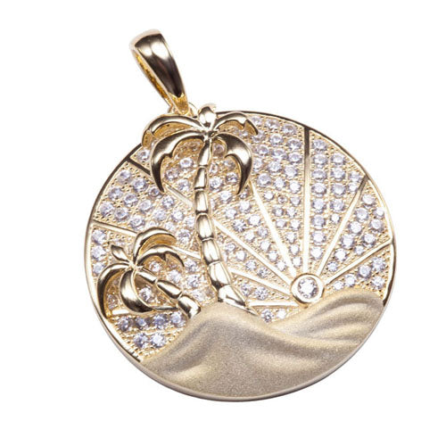 Sterling Silver Yellow Gold Plated Pave Cubic Zirconia Circle Island Sunrise Pendant(Chain Sold Separately)