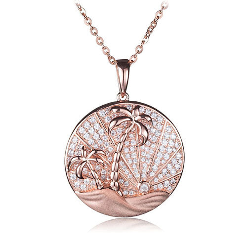 Sterling Silver Pink Gold Plated Pave Cubic Zirconia Circle Island Sunrise Pendant(Chain Sold Separately)