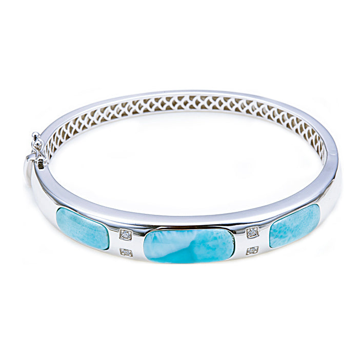 Larimar Sterling Silver Bangle Barrel Band with Pave Cubic Zirconia