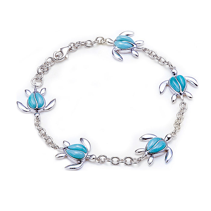 Sterling Silver Larimar Inlay Honu(Turtle) with Link Chain Bracelet