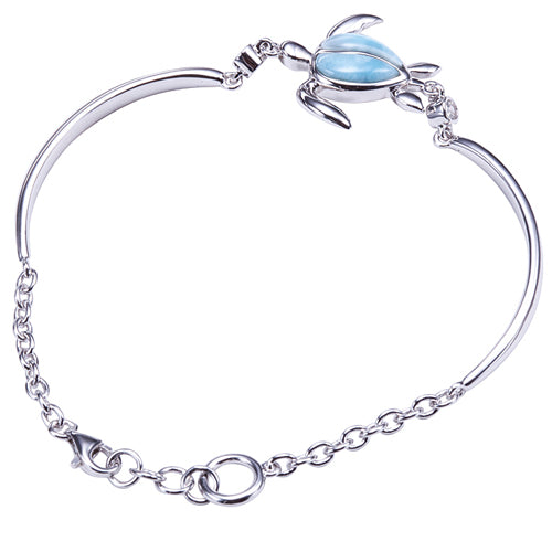 Single Honu(Turtle) Larimar Inlay with Bar and Link Chain Sterling Silver Bracelet