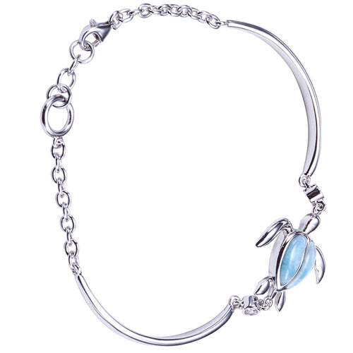 Single Honu(Turtle) Larimar Inlay with Bar and Link Chain Sterling Silver Bracelet