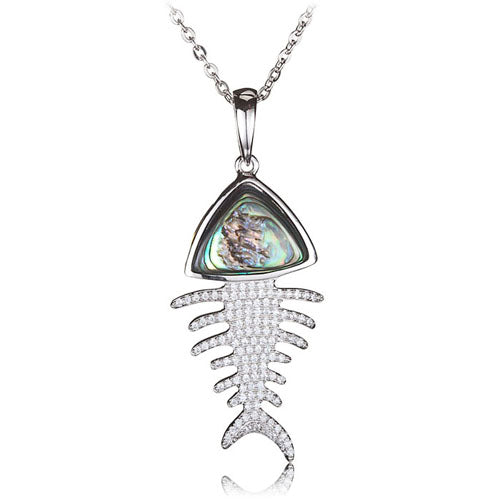 Pave CZ Fish Bone Sterling Silver Pendant with Abalone Inlay(Chain Sold Separately)